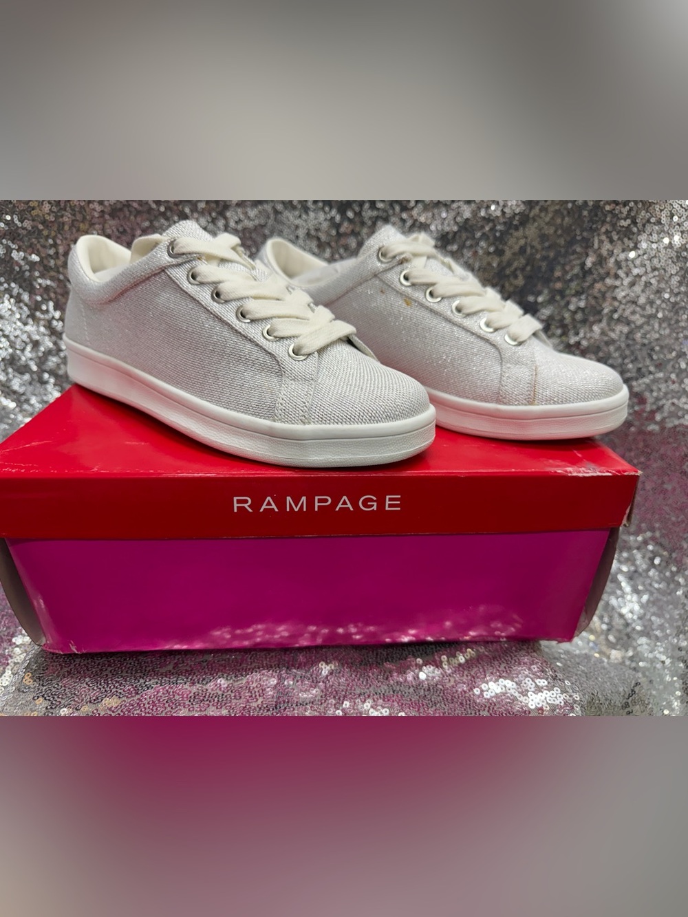 Rampage Women's Silver-White Sparkle Sneakers, size 6